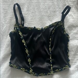 Widow Dolls Kill Black Satin Camisole Corset with Green and Blue Trim